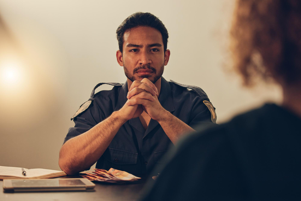 Police officer in uniform speaking with a therapist during behavioral health treatment for first responders in Washington State.