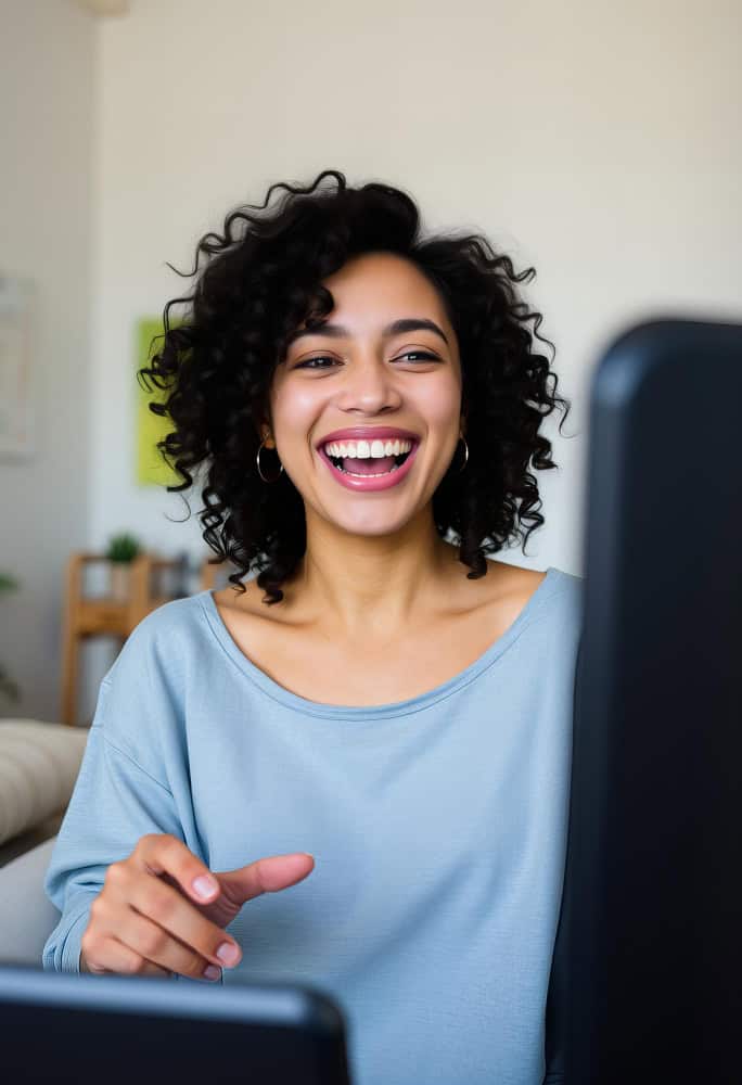 Woman laughing during video call in telehealth addiction treatment in Washington session
