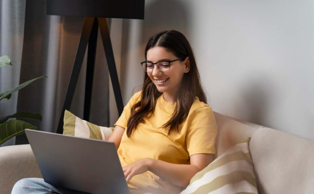 Client engaged in teletherapy in Washington in a private home setting.